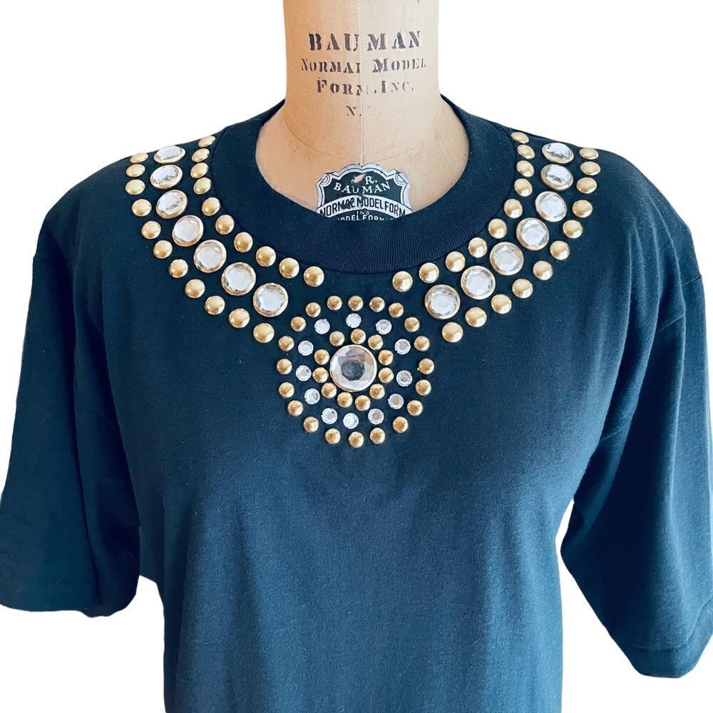 Black Diamante and gold studded short sleeve T-shirt size 1X